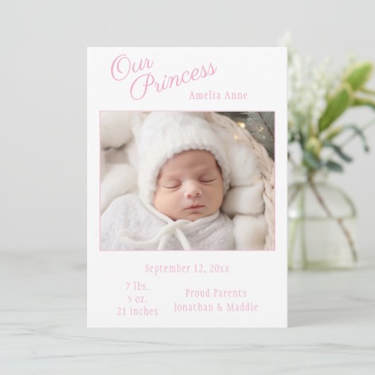 ピンク私たちのプリンセス写真ベビー誕生発表 案内状 (スタンド正面)