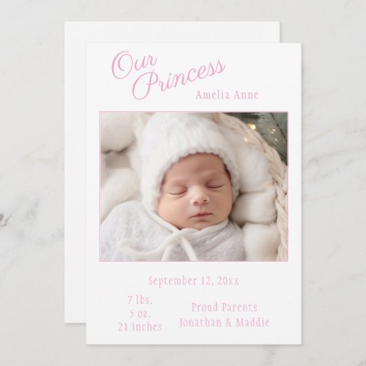 ピンク私たちのプリンセス写真ベビー誕生発表 案内状 (正面/裏面)