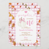 ピンク私たちの小さなカボチャは1つの秋秋に回っている 招待状 (正面/裏面)