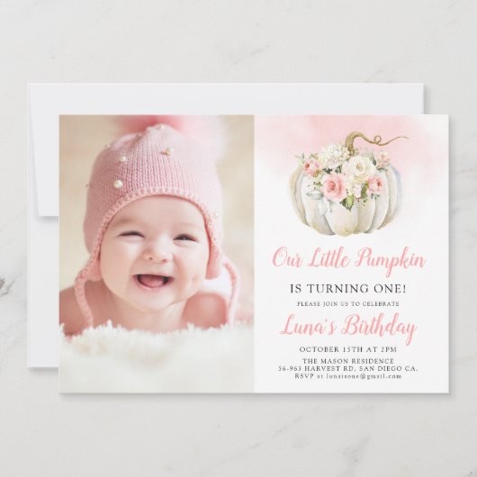 ピンク私たちの小さなカボチャ1st誕生日の写真 招待状 (正面)