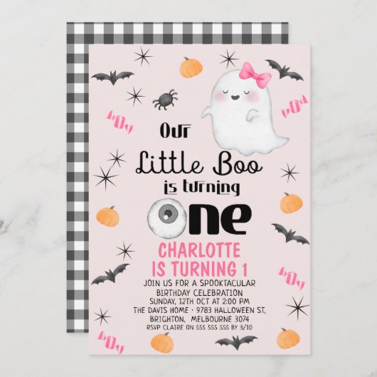 ピンク私たちの小さなブワンハロウィーン1日の誕生日 招待状 (正面/裏面)