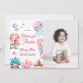 ピンク私たちの小さな人魚の女の子誕生日パーティー 招待状 (正面)