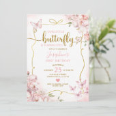 ピンク私たちの小さな蝶のフローラ女の子1st誕生日 招待状 (スタンド正面)