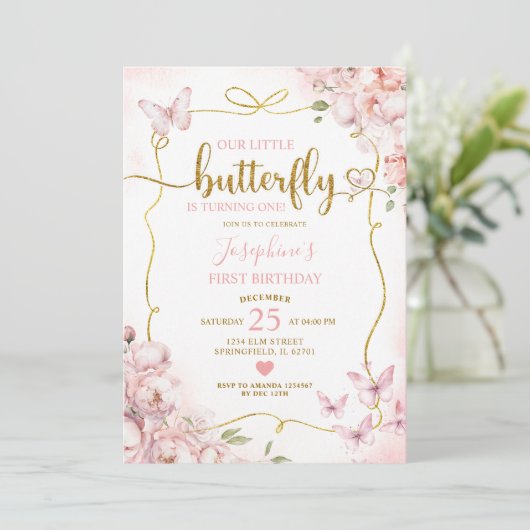 ピンク私たちの小さな蝶のフローラ女の子1st誕生日 招待状 (スタンド正面)