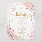 ピンク私たちの小さな蝶のフローラ女の子1st誕生日 招待状 (正面/裏面)
