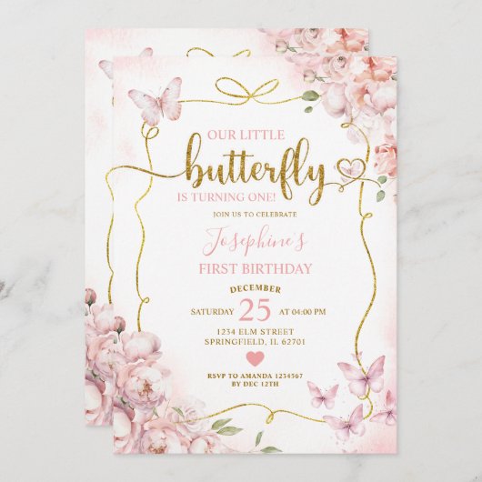 ピンク私たちの小さな蝶のフローラ女の子1st誕生日 招待状 (正面/裏面)