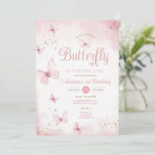 ピンク私たちの小さな蝶は1つの金ゴールドを回している 招待状 (スタンド正面)