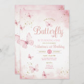 ピンク私たちの小さな蝶は1つの金ゴールドを回している 招待状 (正面/裏面)