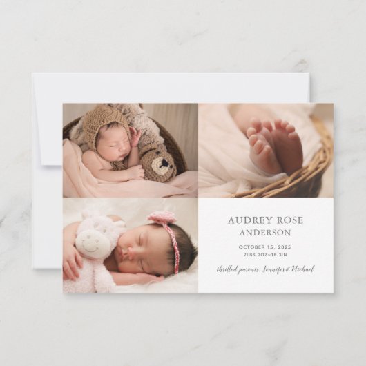 ピンク私たちは写真賛美コラージュ赤ん坊の女の子の誕生 案内状 (裏面)