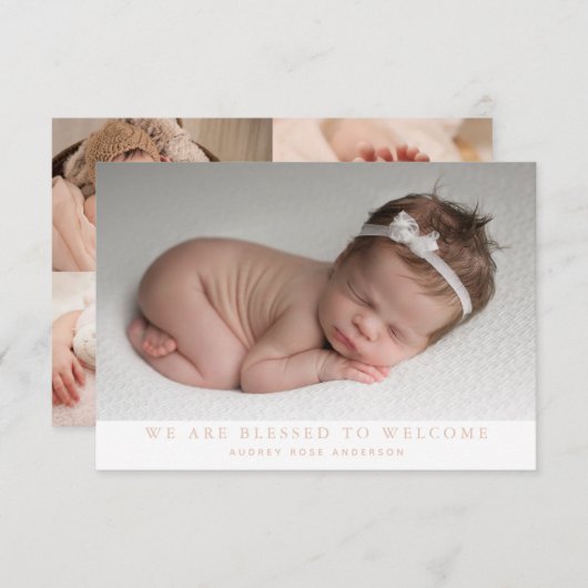 ピンク私たちは写真賛美コラージュ赤ん坊の女の子の誕生 案内状 (正面/裏面)