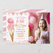ピンク私たちは4つのアイスクリームを叫ぶ4th誕生日の写真 招待状 (正面/裏面)