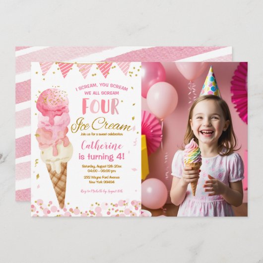 ピンク私たちは4つのアイスクリームを叫ぶ4th誕生日の写真 招待状 (正面/裏面)