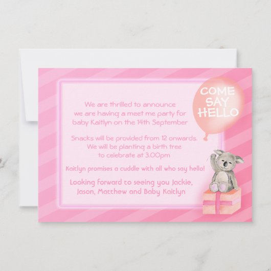 ピンク私に新生児の女の子のパーティーの招待会って下さい 招待状 (裏面)