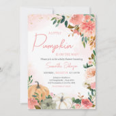 ピンク秋の秋フローラカボチャ赤ちゃんシャワー 招待状 (正面)