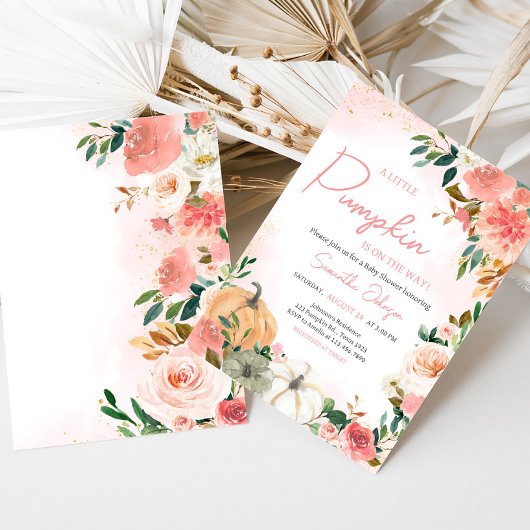 ピンク秋の秋フローラカボチャ赤ちゃんシャワー 招待状