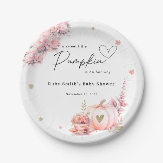 ピンク秋カボチャ花リースガール赤ちゃんシャワー ペーパープレート (正面)