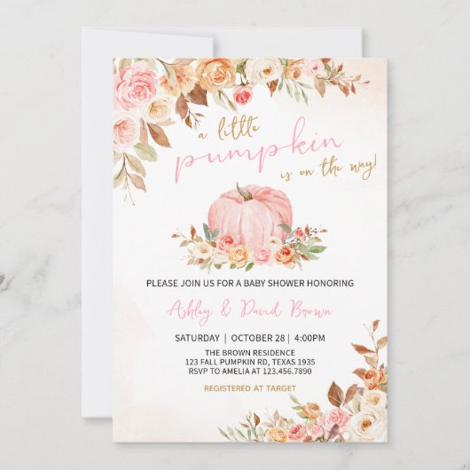 ピンク秋フローラカボチャ赤ちゃんシャワー 招待状 (正面)