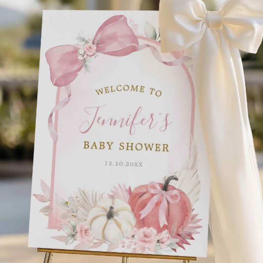 ピンク秋フローラコケットパンプキンウェルカムサイン ポスター