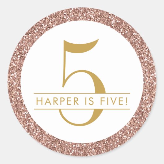 ピンク第5誕生日バラ金ゴールドグリッター ラウンドシール (正面)