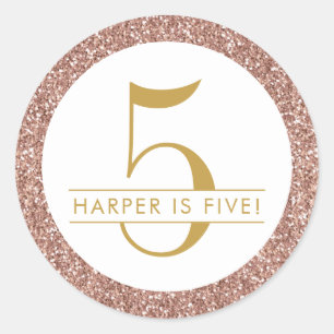 ピンク第5誕生日バラ金ゴールドグリッター ラウンドシール