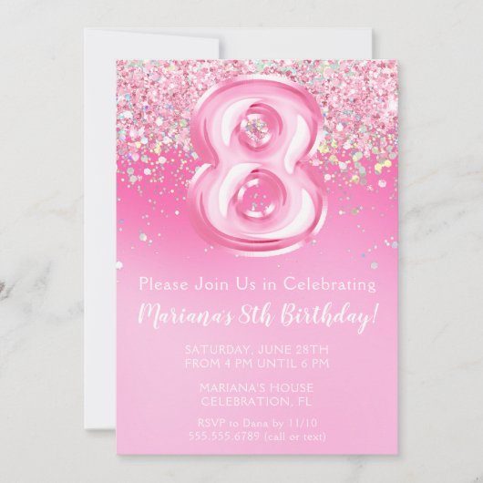 ピンク第8誕生日招待状ガーリーピンクグリッター 招待状 (正面)