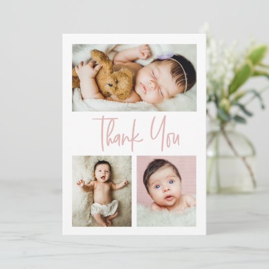 ピンク簡単なスクリプト複数の写真コラージュ赤ちゃん サンキューカード (スタンド正面)