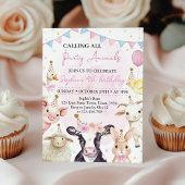 ピンク納屋周囲の庭ファームアニマルズガール誕生日 招待状