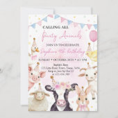 ピンク納屋周囲の庭ファームアニマルズガール誕生日 招待状 (正面)