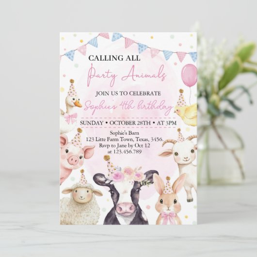 ピンク納屋周囲の庭ファームアニマルズガール誕生日 招待状 (スタンド正面)