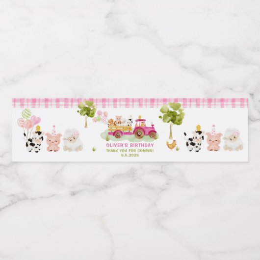 ピンク納屋周囲の庭ファームアニマルバースデーパーティー ペットボトルラベル (シングルラベル)