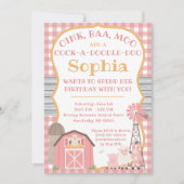 ピンク納屋周囲の庭動物誕生日招待状 招待状 (正面)