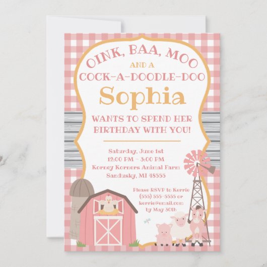 ピンク納屋周囲の庭動物誕生日招待状 招待状 (正面)