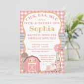 ピンク納屋周囲の庭動物誕生日招待状 招待状 (スタンド正面)