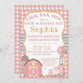 ピンク納屋周囲の庭動物誕生日招待状 招待状 (正面/裏面)