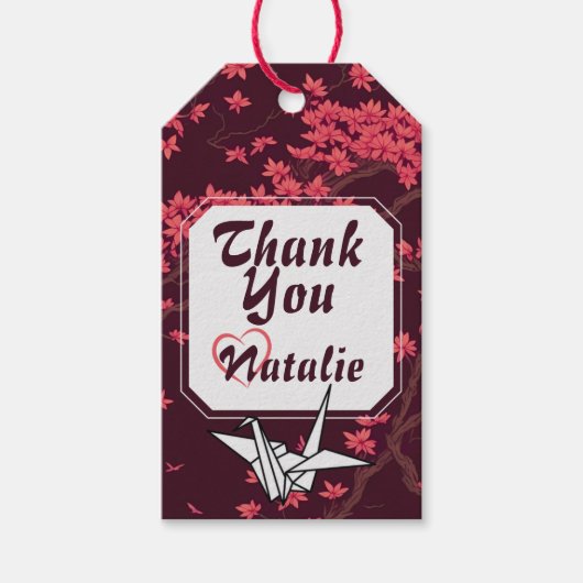 ピンク紙クレーン折り紙さくらんぼブロッサム ギフトタグ (正面)