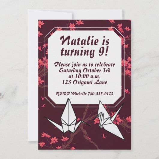 ピンク紙クレーン折り紙さくらんぼブロッサム 招待状 (正面)