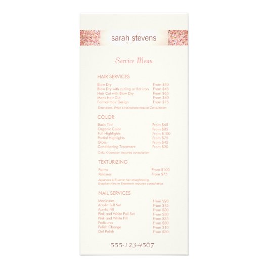ピンク紙吹雪グリッターサロン価格表メニュー ラックカード (正面)