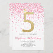 ピンク紙吹雪パーティー金ゴールドナンバーガール5th誕生日 招待状 (正面/裏面)