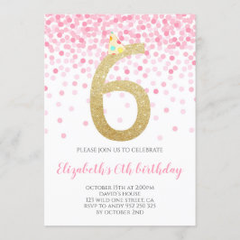 ピンク紙吹雪パーティー金ゴールドナンバーガール6th誕生日 招待状