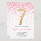 ピンク紙吹雪パーティー金ゴールドナンバーガール7th誕生日 招待状 (正面/裏面)