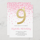 ピンク紙吹雪パーティー金ゴールドナンバーガール9th誕生日 招待状 (正面/裏面)