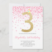 ピンク紙吹雪パーティー金ゴールド番号ガール3歳の誕生日 招待状 (正面)
