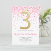 ピンク紙吹雪パーティー金ゴールド番号ガール3歳の誕生日 招待状 (スタンド正面)