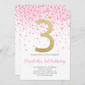 ピンク紙吹雪パーティー金ゴールド番号ガール3歳の誕生日 招待状 (正面/裏面)