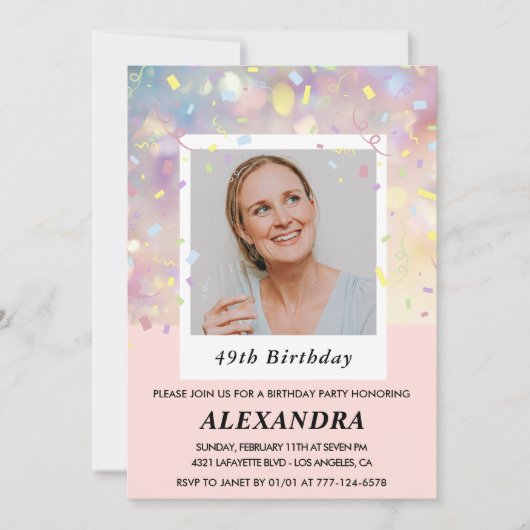 ピンク紙吹雪写真49歳の誕生日招待状 招待状 (正面)