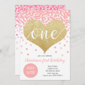ピンク紙吹雪金ゴールドハートワンガールファースト誕生日 招待状 (正面/裏面)