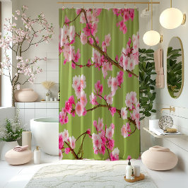 ピンク素晴らしさくらんぼの花がチャートルーズグリーン シャワーカーテン