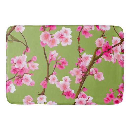 ピンク素晴らしさくらんぼの花がチャートルーズグリーン バスマット (正面)