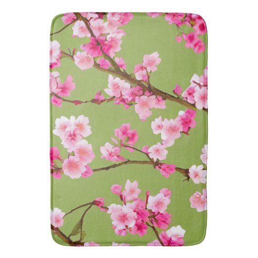ピンク素晴らしさくらんぼの花がチャートルーズグリーン バスマット (正面縦)