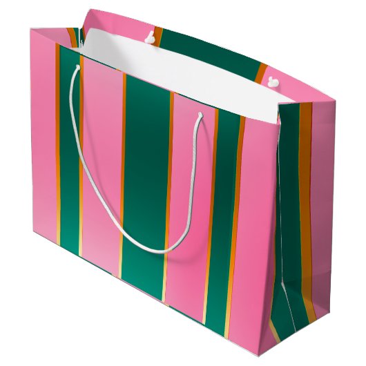 ピンク素晴らしとグリーンのモダンストライプ ラージペーパーバッグ (裏面アングル)